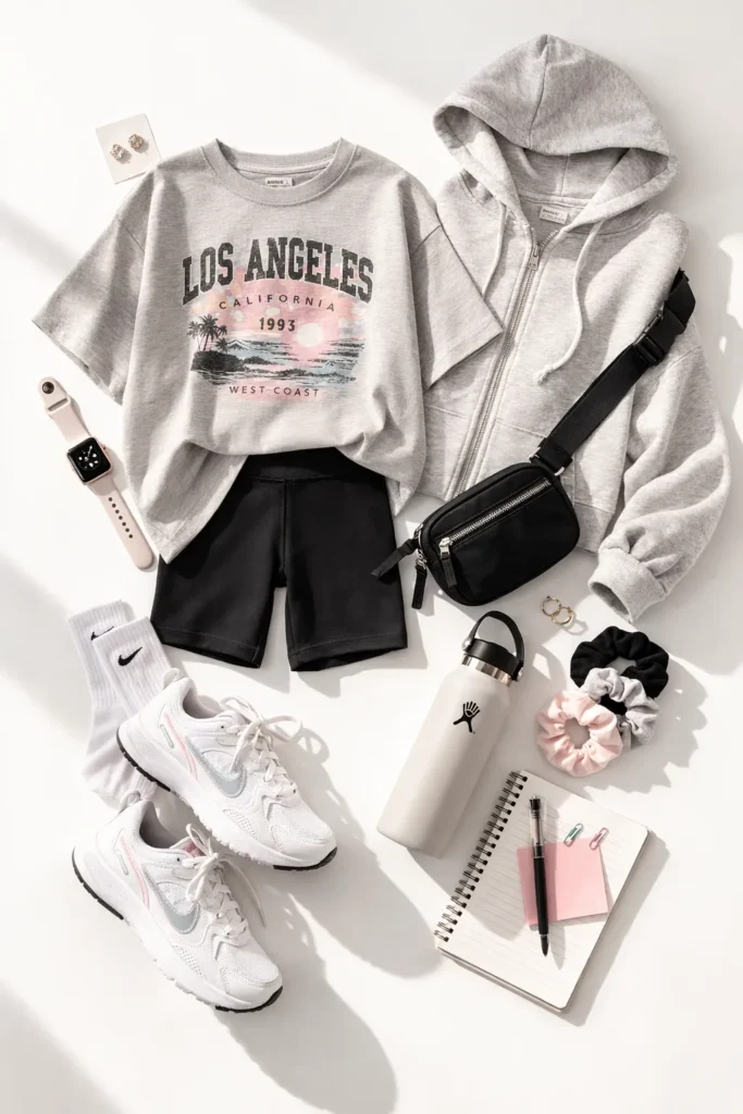 clothing and accessories in a flat lay