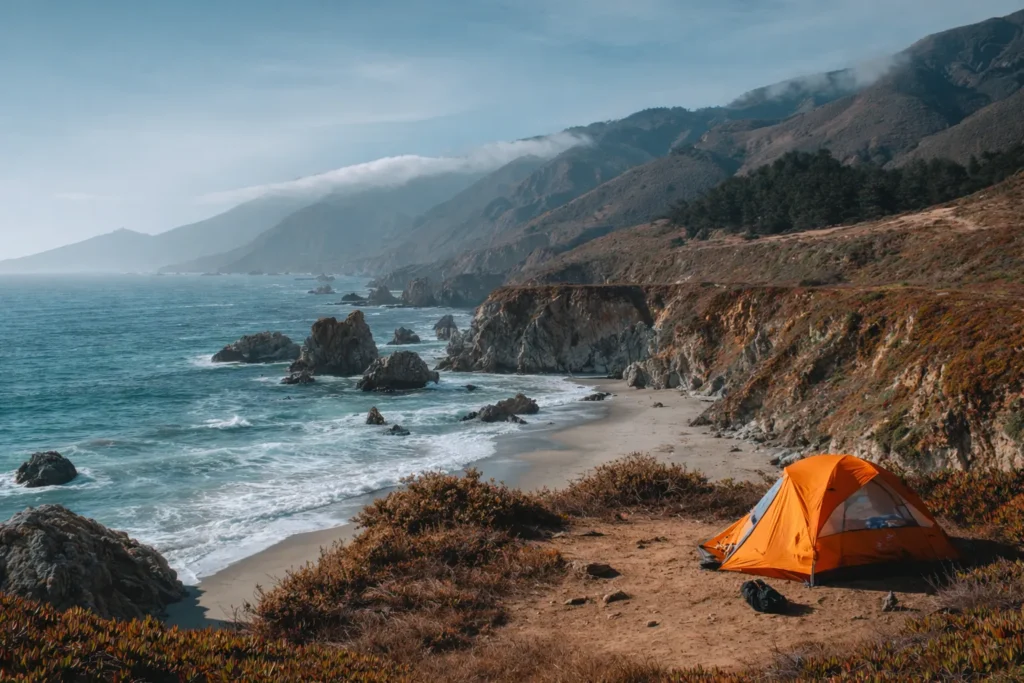 camping tent on the beach near the rocks and water