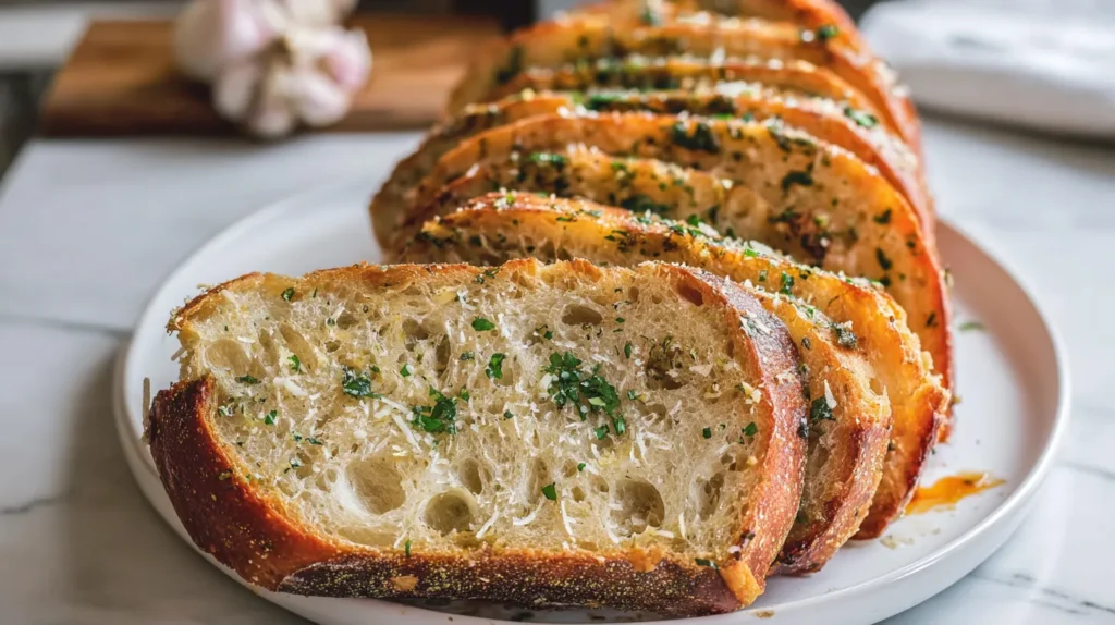 Sliced sourdough garlic bread fanned on a white plate with buttery herb topping.