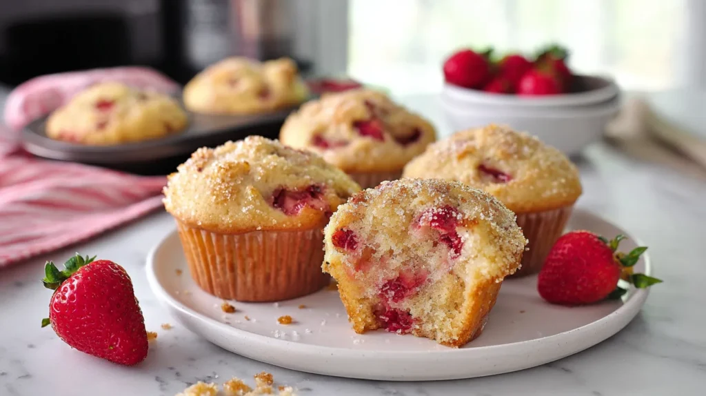 Fresh baked strawberry muffins on a plate in a light kitchen setting, with visible strawberry pieces baked into the muffins.