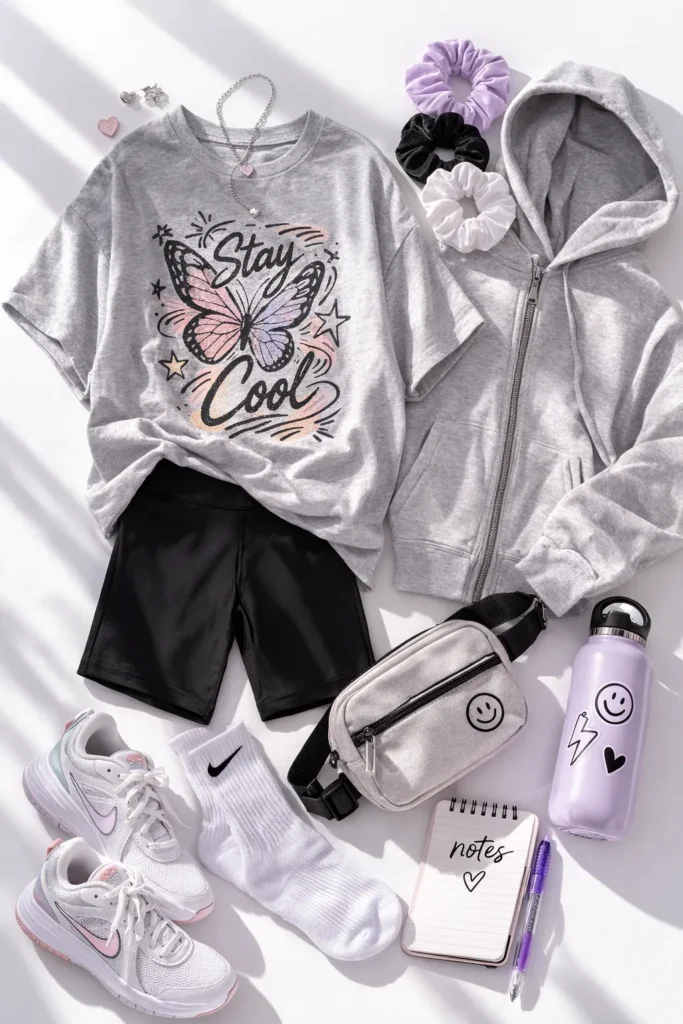 tween outfit flat lay on a bright white background, oversized graphic tee in soft gray, black biker shorts, lightweight zip hoodie in heather gray, white running sneakers with pastel accents, crew socks, mini crossbody belt bag, simple stud earrings, smartwatch, scrunchie set, water bottle, small notebook and gel pen, clean modern editorial styling, crisp daylight