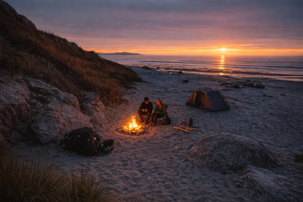 two people camping on the beach near a fire