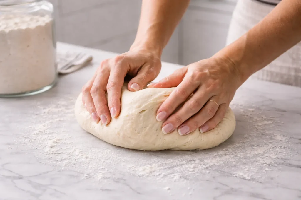 female hands with a light pink manicure gently kneading soft fermented sourdough dough on a lightly floured surface after adding baking soda, dough smooth and elastic but still soft, flour dusted naturally on the counter
