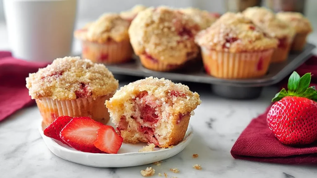 Strawberry muffins with golden tops and real fruit pieces arranged on a white plate on a white marble counter.