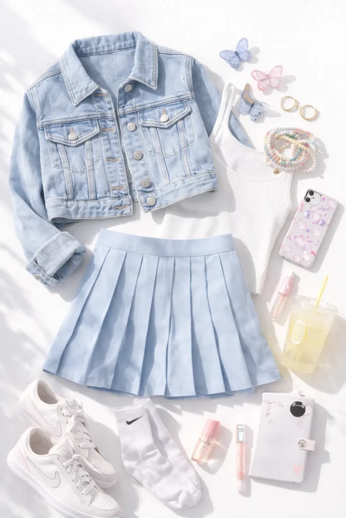 tween outfit flat lay on white background, cropped light denim jacket, ribbed white tank, pleated tennis skirt in baby blue, low top white sneakers, pastel beaded bracelet stack, small hoop earrings, butterfly hair clips, mini perfume roller, glossy lip balm, cute phone case, iced lemonade cup, airy bright lighting, clean cutout collage, photorealistic, high detail