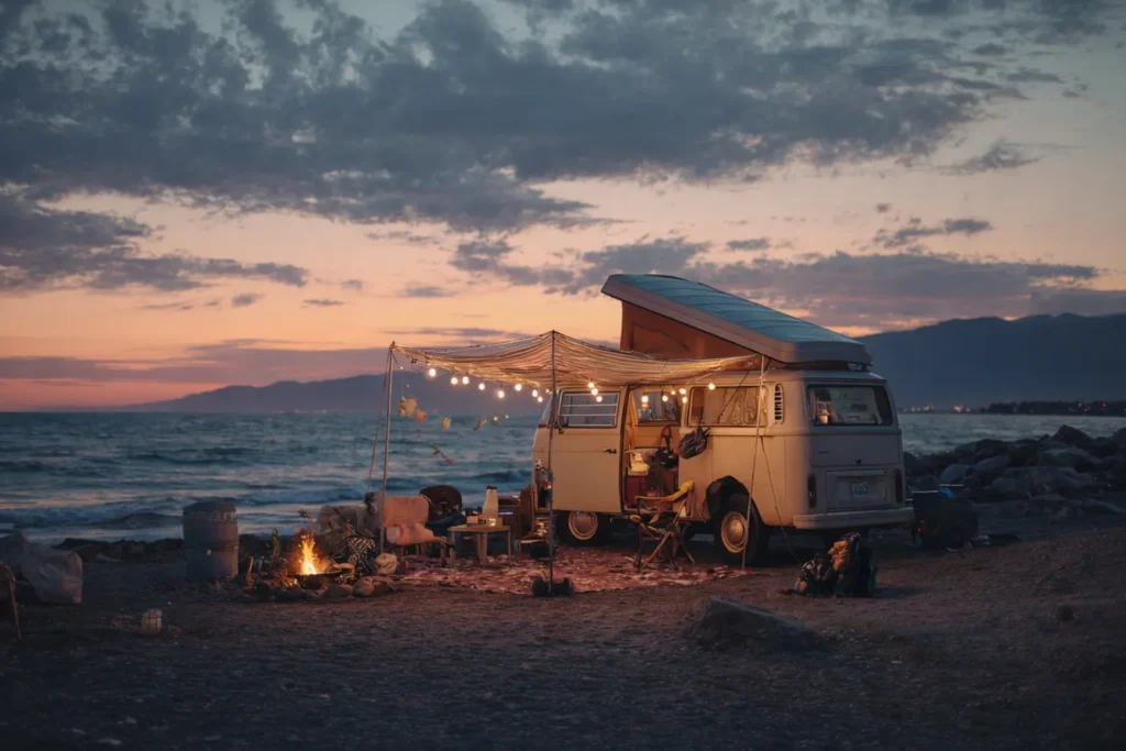 RV old van with a canopy attached for a seating area located on the beach