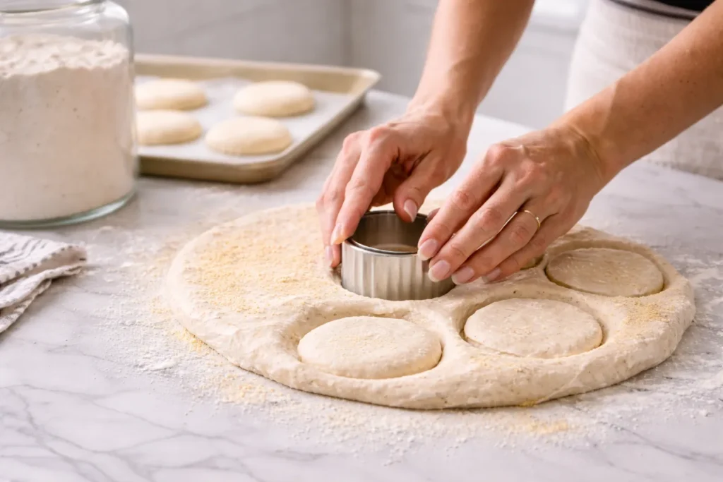 female hands with a light pink manicure using a plain round cutter to cut sourdough English muffin rounds from dough rolled to about 3/4 inch thick, soft dough with visible cut circles, light dusting of flour and cornmeal
