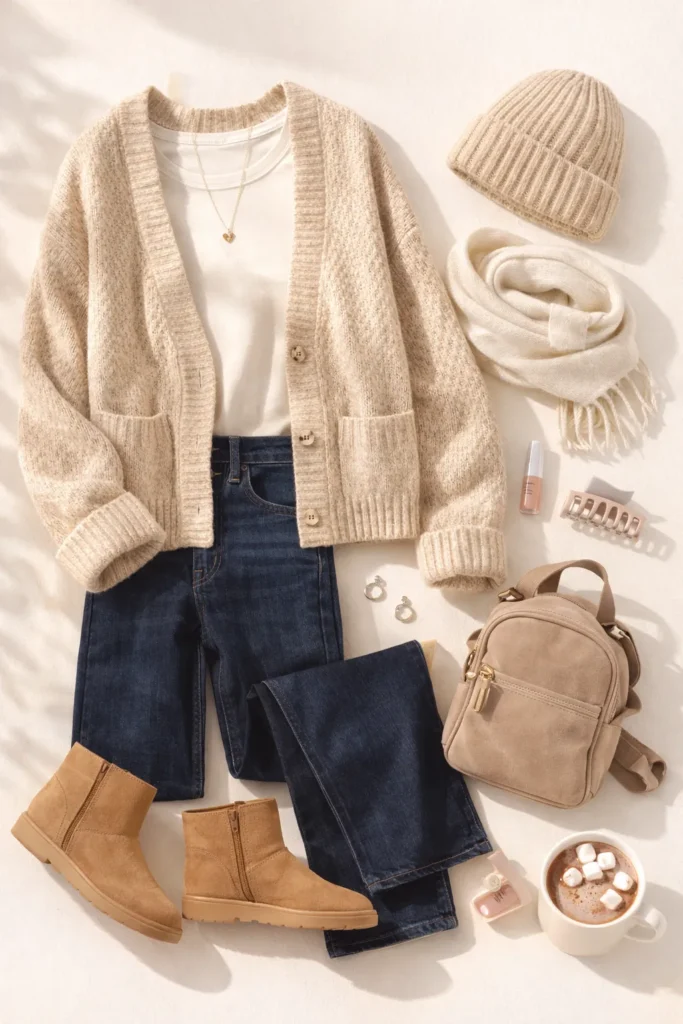 tween outfit flat lay on a warm off white background, chunky oatmeal cardigan, fitted long sleeve tee in cream, dark wash straight jeans, tan ankle boots or neutral sneakers, knit beanie, simple gold necklace, cozy scarf, mini backpack, neutral claw clip, lip gloss, hot cocoa cup, soft natural light with gentle shadows, realistic textiles, tidy editorial arrangement