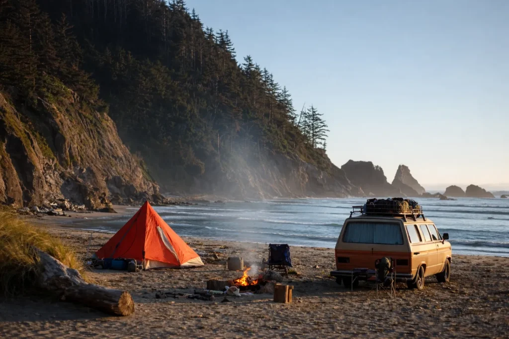 car near a tent, camping, beach scene