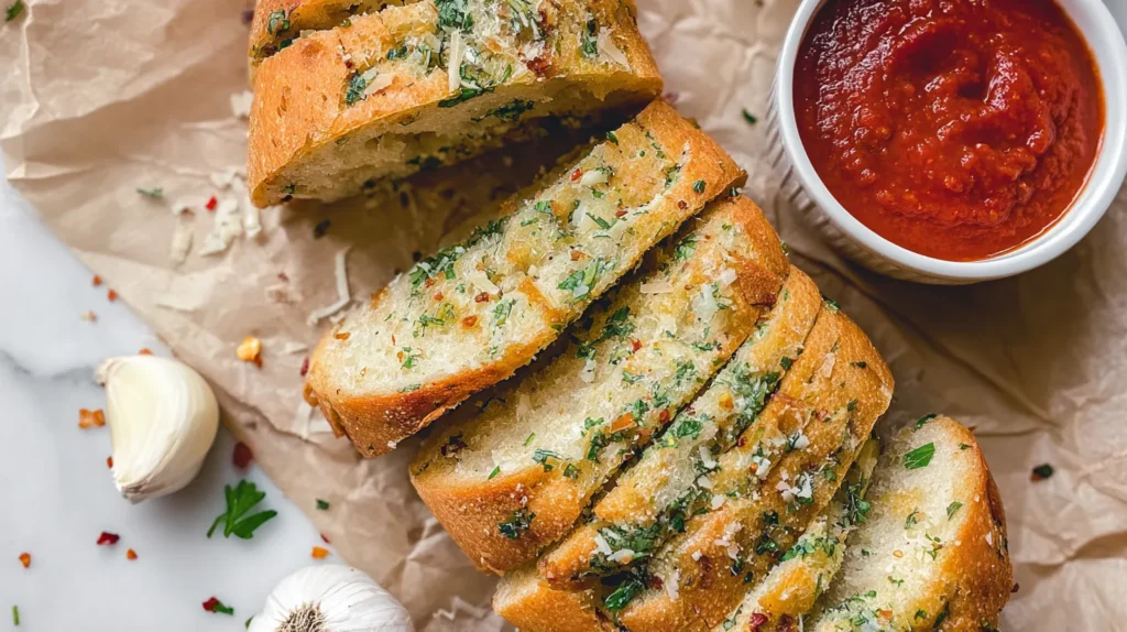 Garlic butter sourdough bread served with marinara dip on a white marble counter.