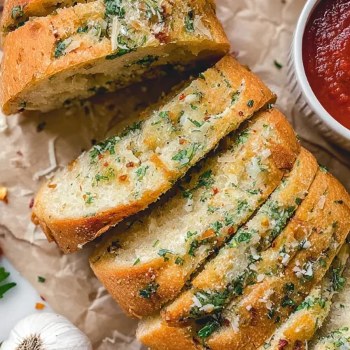 Garlic butter sourdough bread served with marinara dip on a white marble counter.