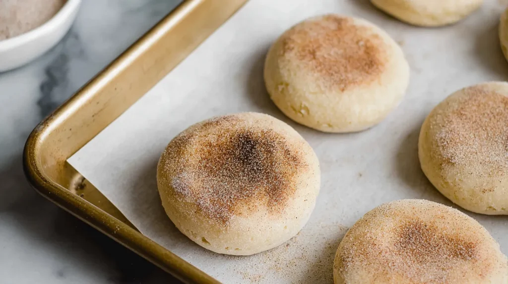 sourdough English muffin recipe, on baking sheet