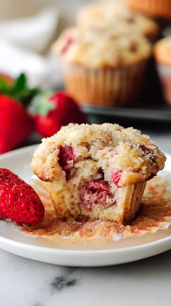Fresh strawberry muffins on a white ceramic plate in a bright kitchen, with one muffin cut open to reveal a soft crumb.