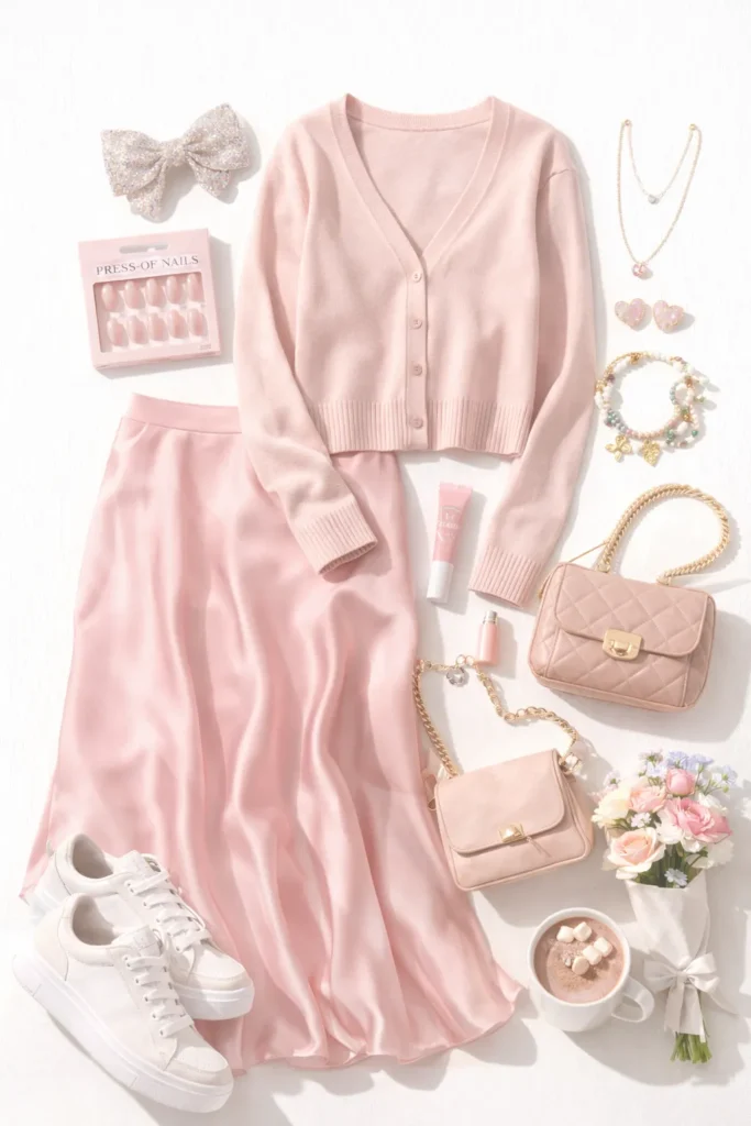 tween outfit flat lay on a bright white background, satin midi skirt in soft pink, fitted cardigan in blush, white platform sneakers, sparkly hair bow clip, heart-shaped earrings, delicate layered necklace, charm bracelet, mini shoulder bag, press-on nails package, rosy lip gloss, small bouquet of pastel flowers, clean magazine cutout look, bright studio lighting, ultra realistic, crisp details