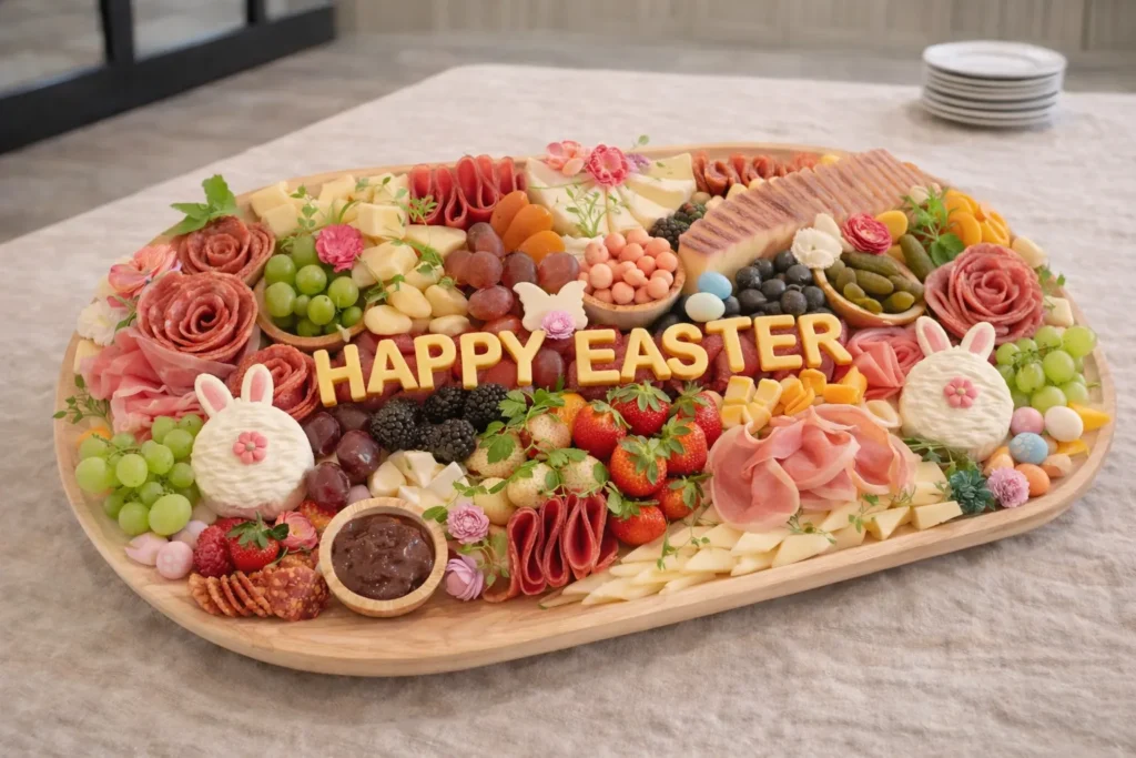 Happy Easter cut from cheese slices, charcuterie finger foods