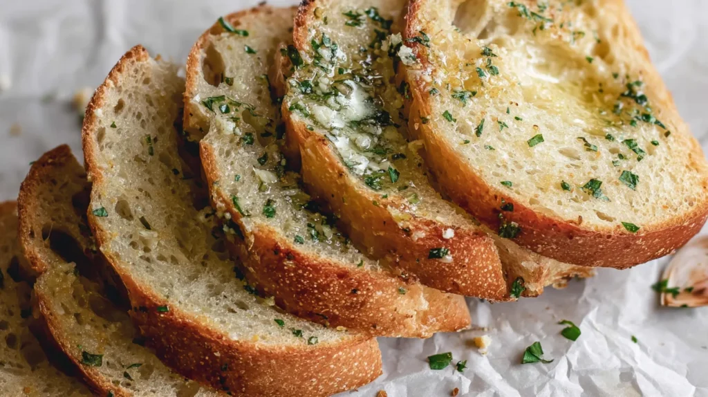 Close-up of sliced sourdough garlic bread with garlic butter and herbs.
