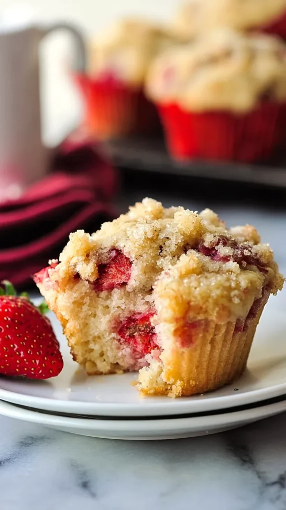 Strawberry muffins on a white plate on a white marble counter, with one muffin opened to show fresh strawberry pieces inside.