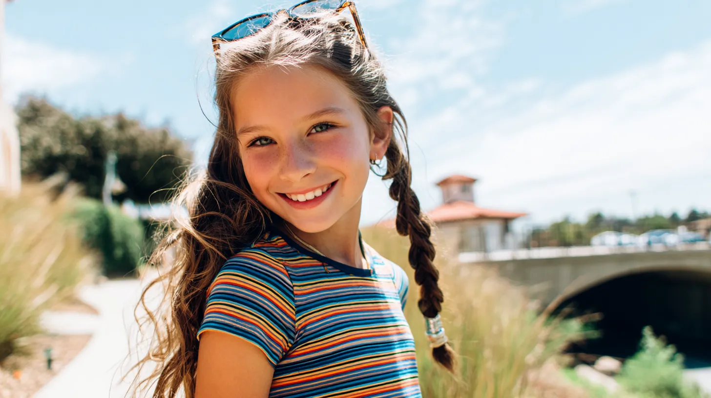 young girl outside, sunglasses on her head