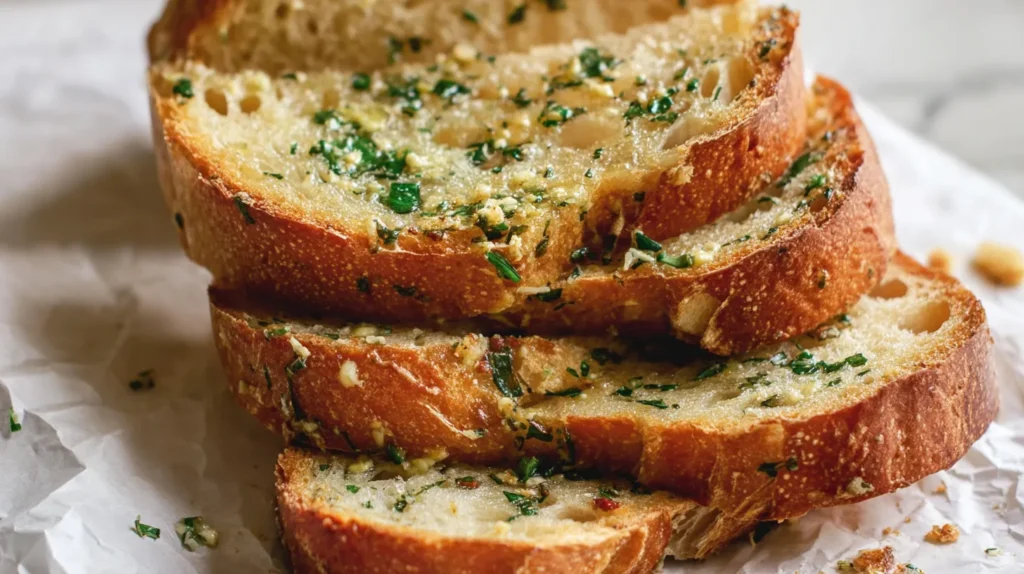 Golden sliced sourdough garlic bread with parsley and Parmesan on a white plate.