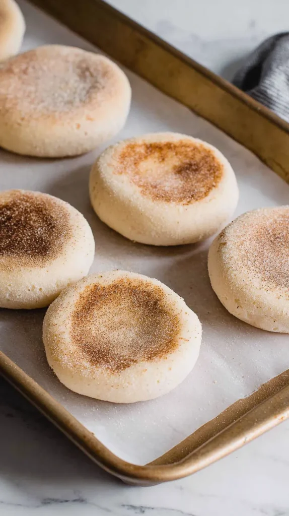 English muffins on a baking tray