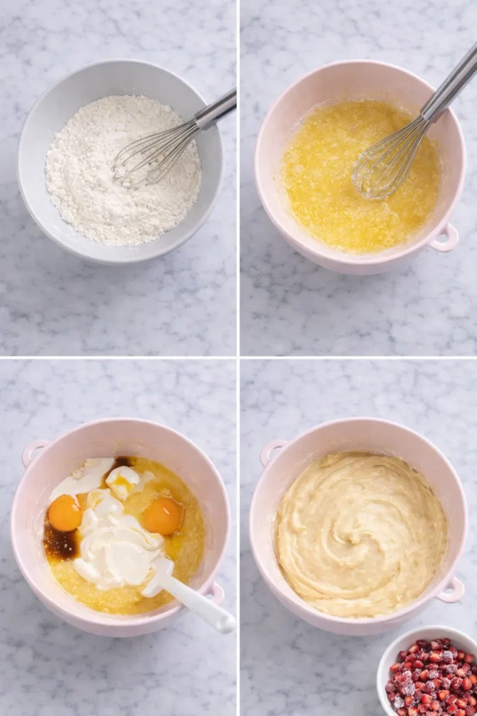 Four-step strawberry muffin process grid showing dry ingredients, wet ingredients, smooth batter in a light pink bowl, and floured diced strawberries on a white marble counter.