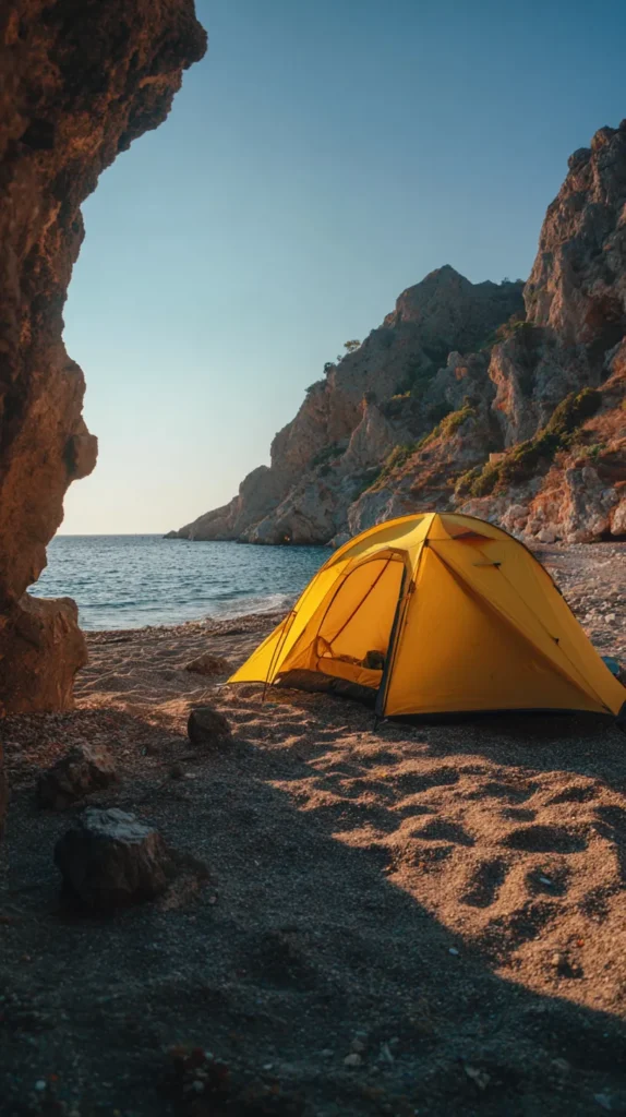 yellow tent near a cliff, on the beach, camping