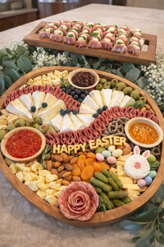 round charcuterie board full of meats, cheese, and fruits