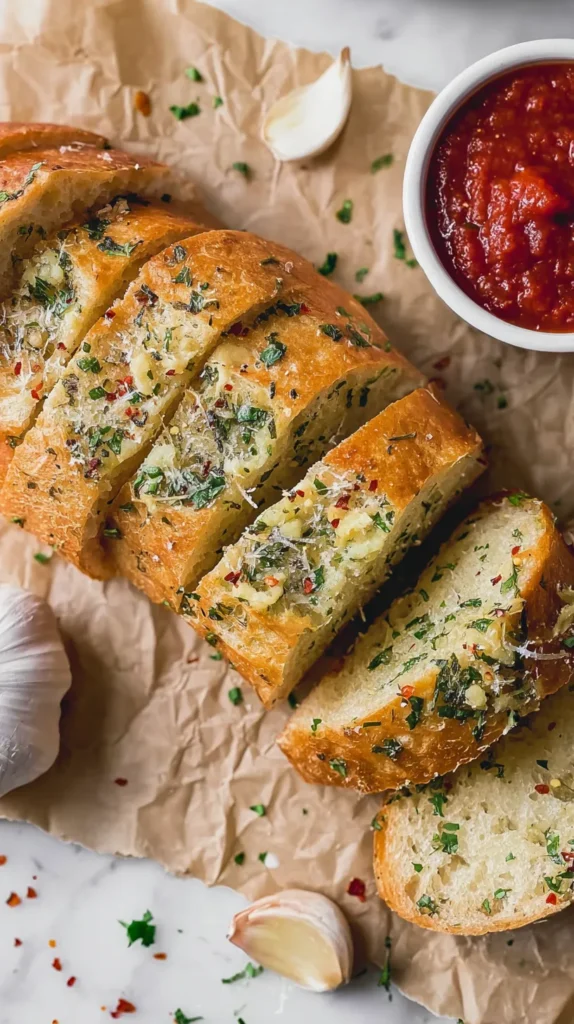 Sourdough garlic bread slices with a small bowl of marinara sauce for dipping.