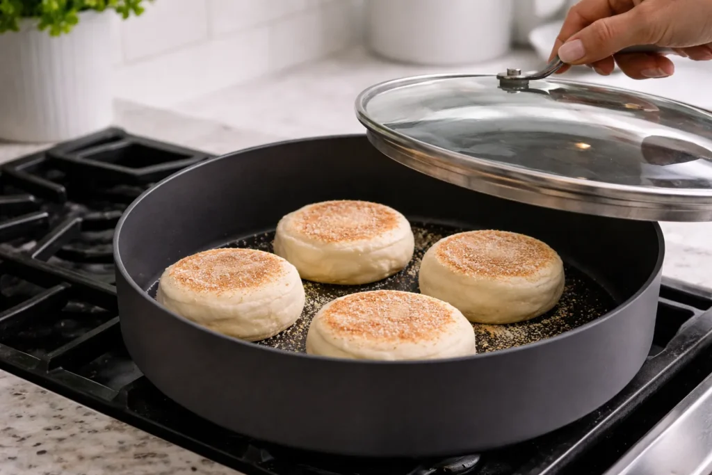 sourdough English muffins cooking in a plain dark skillet on the stovetop, tops and bottoms lightly golden with cornmeal visible, female hands with a light pink manicure lifting a plain unmarked lid above the skillet, white marble counter visible