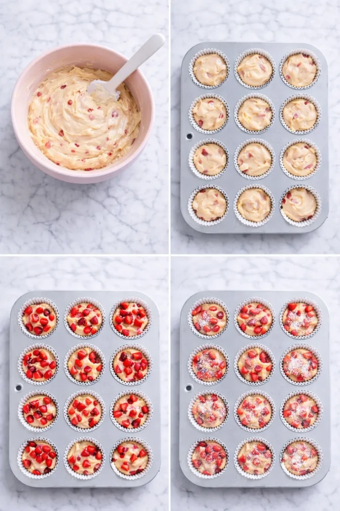 Four-step strawberry muffin process grid showing batter in a light pink bowl, batter divided into muffin liners, muffin cups topped with diced strawberries, and muffins finished with coarse sugar before baking.