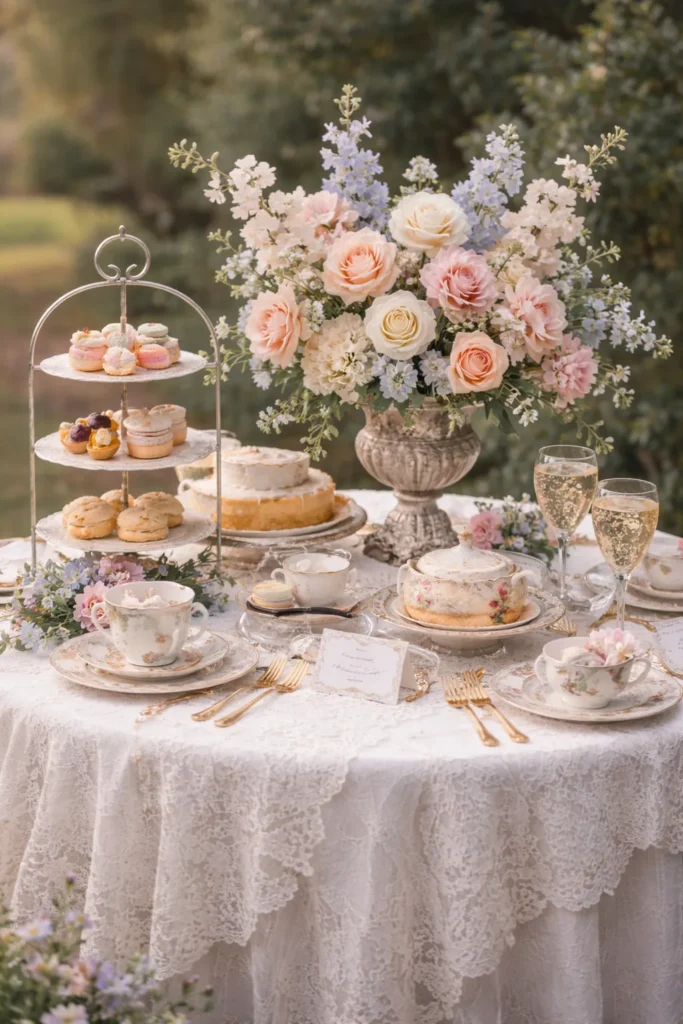 food table outside, flower arrangement