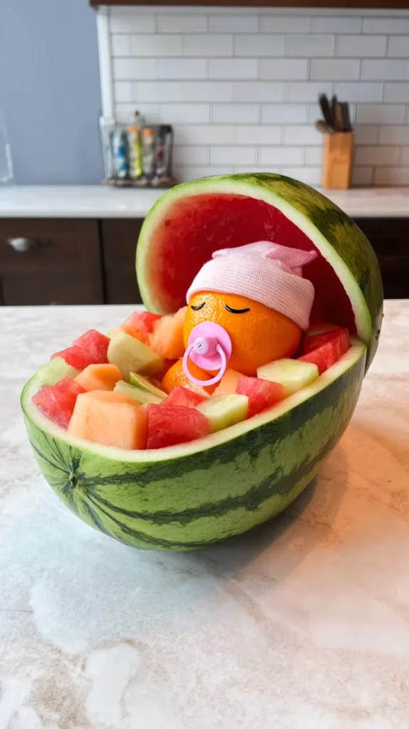 baby carriage watermelon, sliced fruits orange head