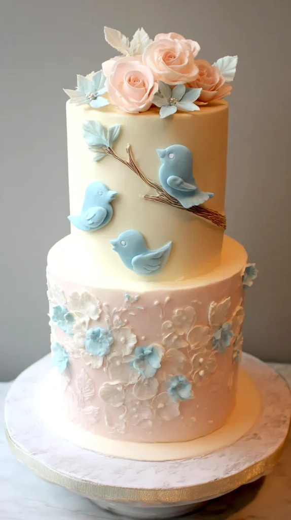 baby shower food, cake, decorated blue birds