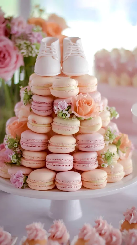 baby shower food, macaroons, tower, flowers