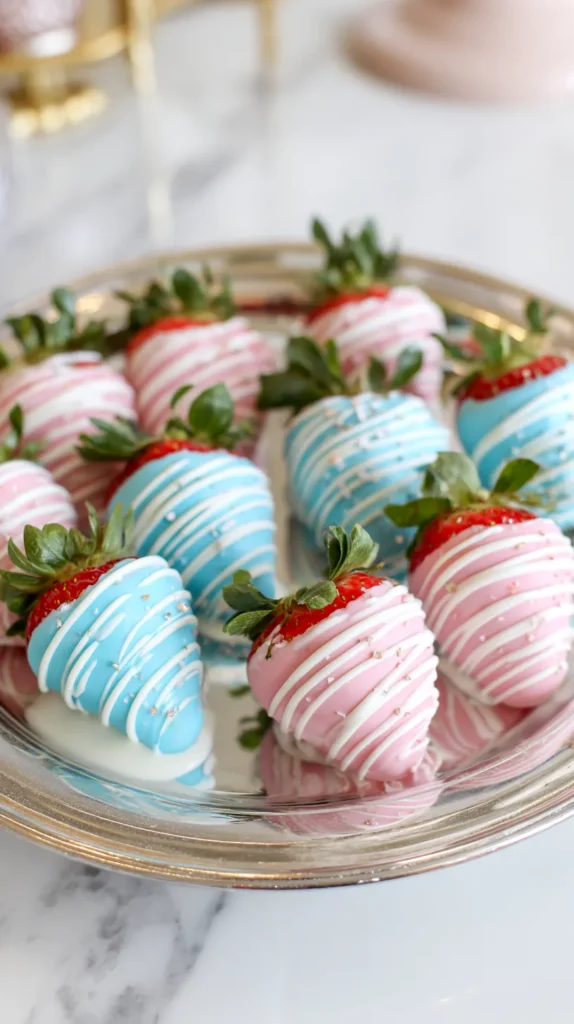 light pink and blue chocolate covered strawberries 