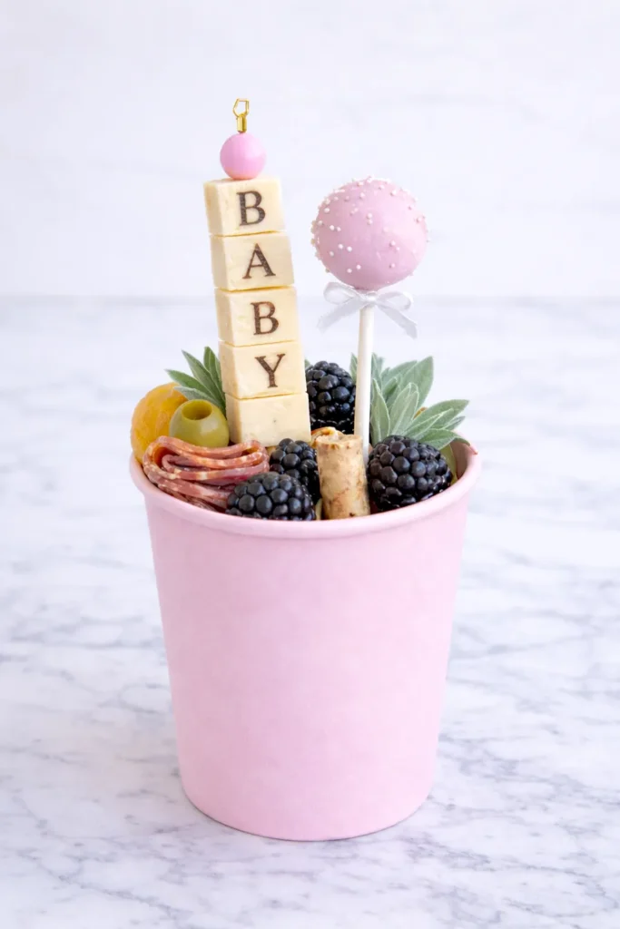 charcuterie cup, pink cup, baby shower food