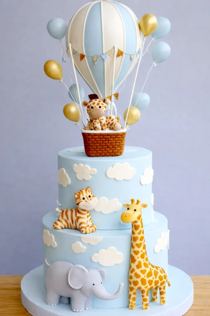 blue, clouds, animals, hot air balloon, cake