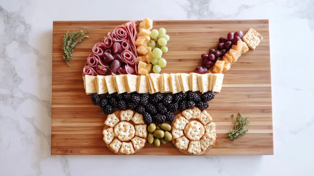 food shaped like a pram on a wooden board
