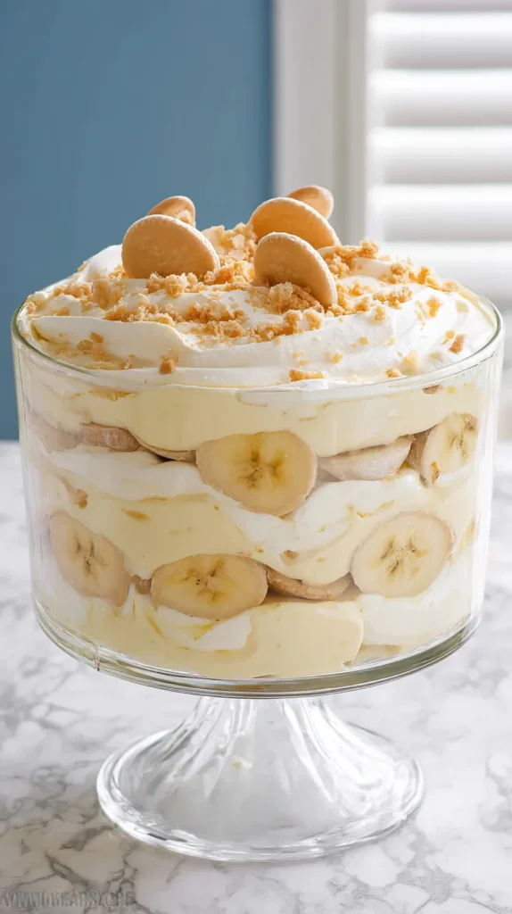 Clear glass trifle dish filled with layered banana pudding on a white marble kitchen counter, topped with crushed vanilla wafers and whole wafers.