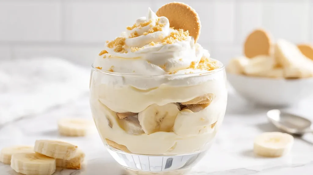 Banana pudding served in clear glass dessert cups with visible layers of vanilla pudding, banana slices, and vanilla wafers on a white marble counter.