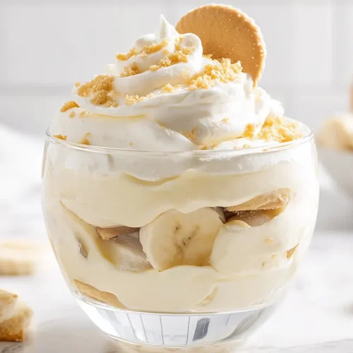 Banana pudding served in clear glass dessert cups with visible layers of vanilla pudding, banana slices, and vanilla wafers on a white marble counter.
