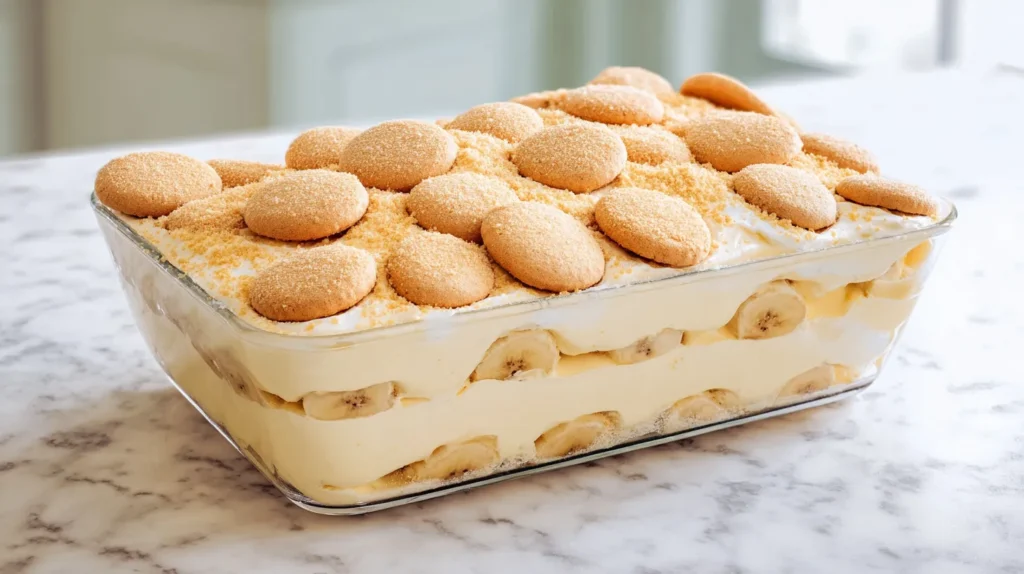 Banana pudding in a round clear glass dish on a white marble kitchen counter, with visible layers of creamy vanilla pudding, banana slices, and vanilla wafers topped with crumbs and whole wafers.
