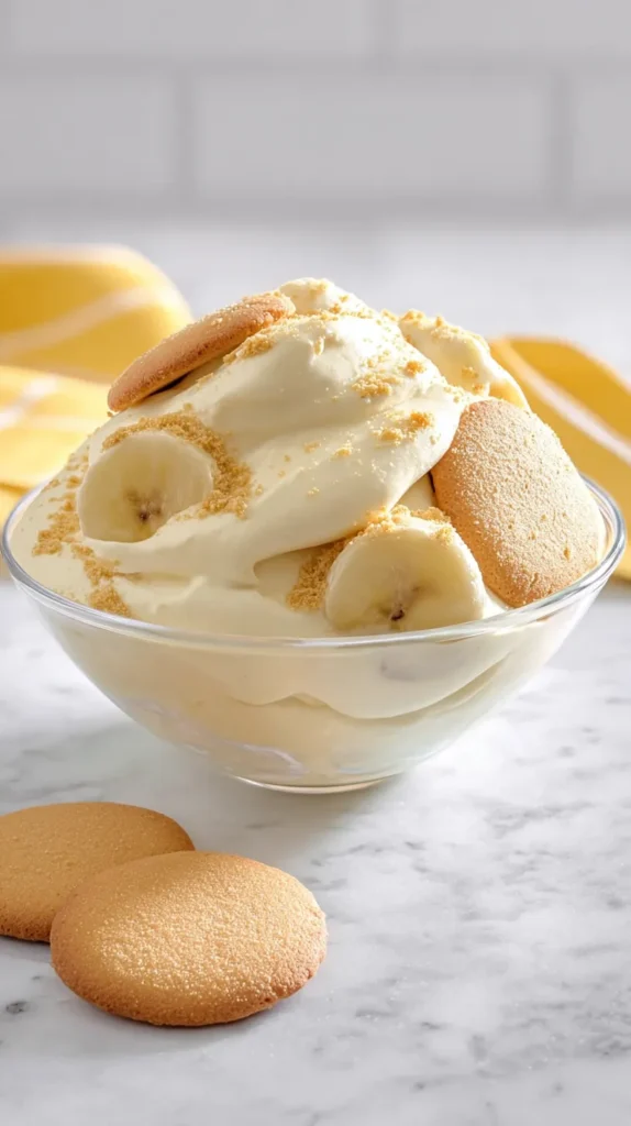 Single serving of banana pudding in a glass dessert bowl on a white marble kitchen counter, topped with wafer crumbs and whole vanilla wafers.