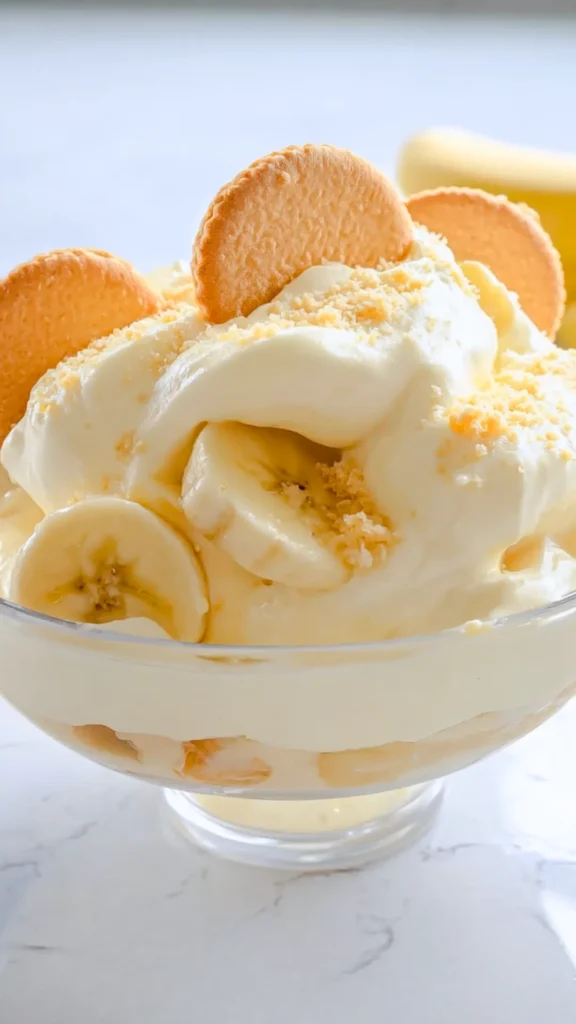 Banana pudding served in clear glass dessert cups with visible layers of vanilla pudding, banana slices, and vanilla wafers on a white marble counter.