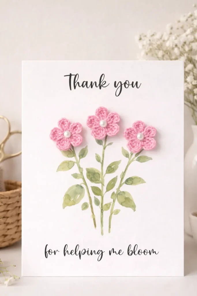 crochet pink flowers attached to the front of a card
