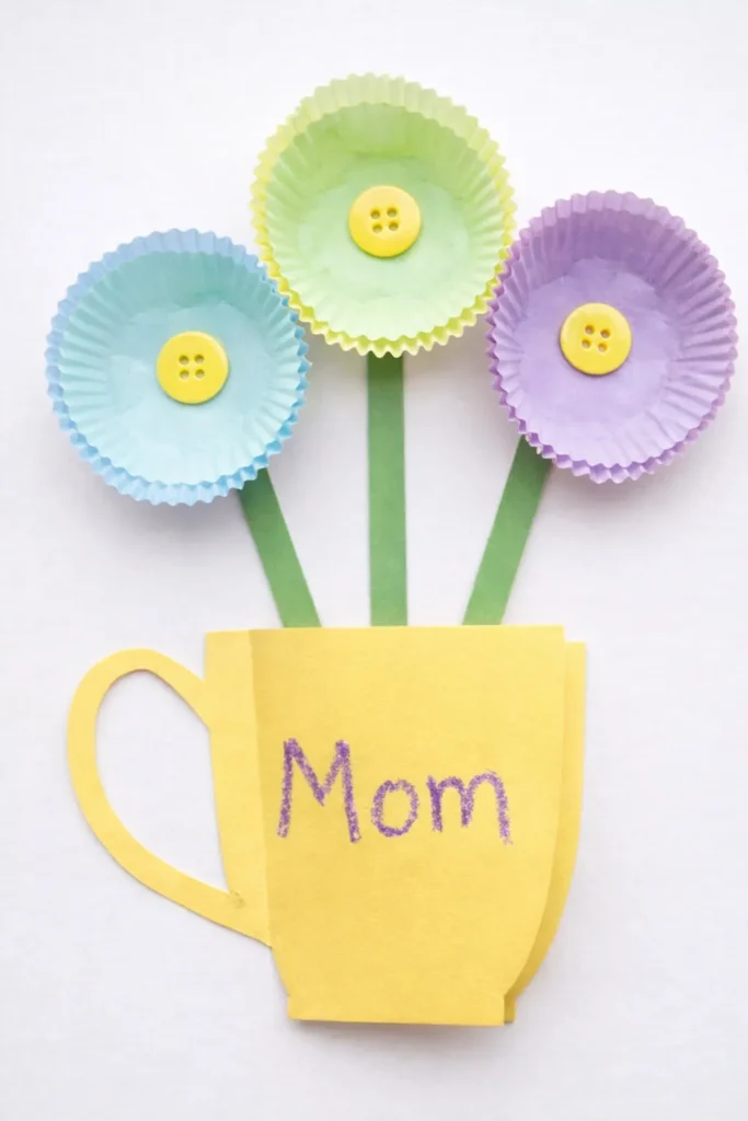child made card with cupcake liners and buttons, handwritten in the crayon the word mom