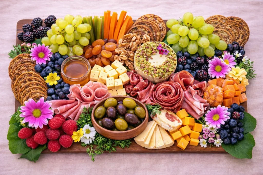 long charcuterie board, meats, cheese, honey, fruit, flowers