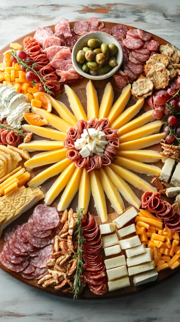 charcuterie board, meats, fruits, cheeses