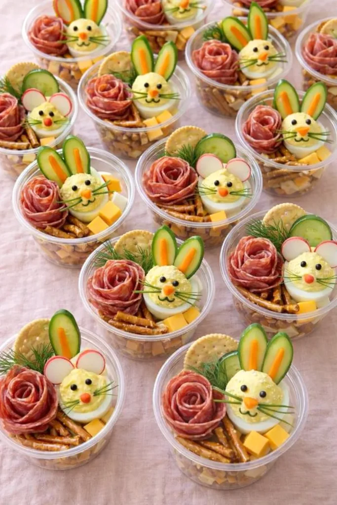 charcuterie cups, deviled eggs, meats, vegetables