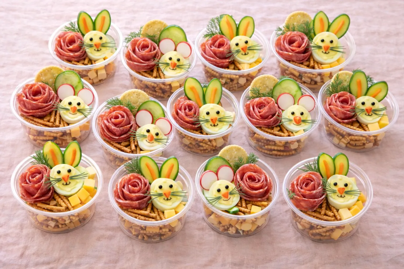 Easter-inspired charcuterie cups, deviled eggs, meat roses